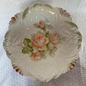 Antique RS Germany Porcelain Serving Bowl, Hand-Painted Pink & Peach Roses, Scalloped Gold Gilded Rim, Victorian Floral Centerpiece, 11-Inch