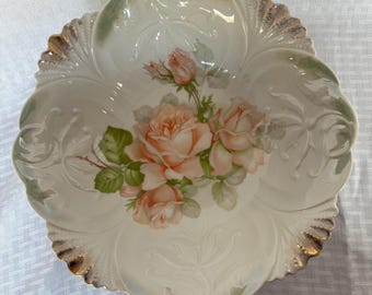 Antique RS Germany Porcelain Serving Bowl, Hand-Painted Pink & Peach Roses, Scalloped Gold Gilded Rim, Victorian Floral Centerpiece, 11-Inch