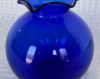 Vintage Cobalt Blue Blown Glass Vase. Round Globe Bud Vase with Ruffled Scalloped Rim, Mid-Century Modern Cobalt Decor, Unmarked Art Glass.