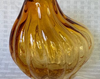 Mid Century Amber Glass Vase, Vintage Hand Blown Asymmetric Art Glass, Ribbed Melon Gourd Vase, Retro Amber Murano Empoli Style Decor