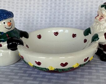 Vintage Santa & Frosty Snowman Christmas Dip Bowl | Hand-Painted Ceramic Holiday Chip n’ Dip Server | Festive Christmas Candy Dish