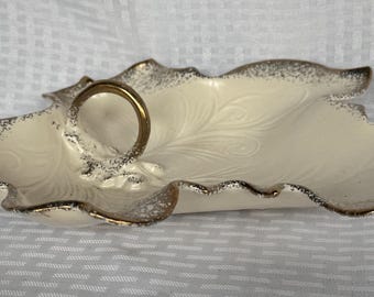 Vintage California Pottery #716 Double Leaf Dish, Cream and Gold Fleck MCM Serving Bowl with Brass Handle, 1950s Art Pottery Centerpiece