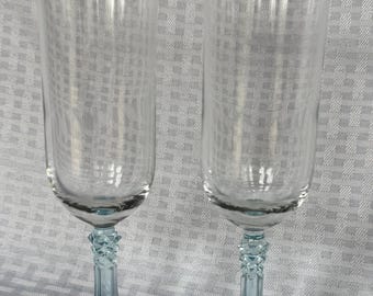 Vintage St. George Crystal Champagne Flutes, American Heritage Collection, Light Blue Faceted Stem Toasting Glasses, Set of 2 Wedding Flutes