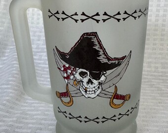 Vintage Disneyland Pirates of the Caribbean Frosted Glass Mug | Retro Disney Parks Souvenir Beer Stein, Skull & Crossbones Cutlass 16oz