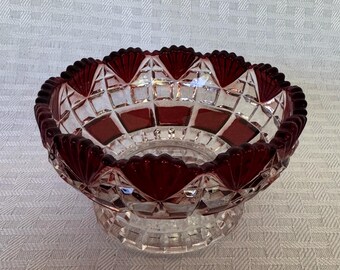Vintage EAPG Block and Fan Ruby Stained Glass Bowl, Richards & Hartley No. 544 Ruby Flash Berry Bowl, Antique Scalloped Edged Cut Glass Comp