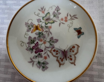 Vintage Porcelain Butterfly Trinket Dish: Gold Rim Vanity Plate