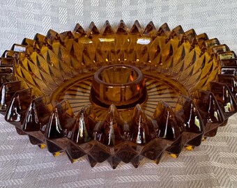 Vintage Indiana Glass Amber Diamond Point Candle Holder, Mid Century Mod Gold Orange Pressed Glass Votive Taper Candlestick, Retro Fall Deco
