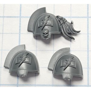 May include: Three gray plastic Warhammer 40k Space Marine shoulder pads with a lightning bolt and a skull design.