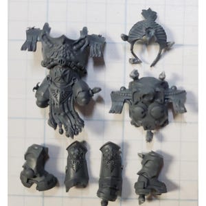 May include: A collection of unpainted, gray plastic miniature parts, including a torso, helmet, and various armor pieces. The components feature intricate details and designs, suggesting a fantasy or science fiction theme. The parts are likely for assembling a miniature figure.