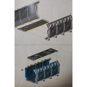 May include: A detailed diagram showing the assembly steps for a model of a futuristic building. The diagram shows the different parts of the building, including the walls, roof, and floor. The building is made of gray plastic and has a futuristic design.