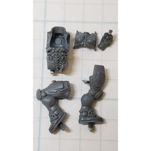 May include: A set of gray plastic miniature figures for a tabletop game. The figures include a torso, two legs, and two arms.