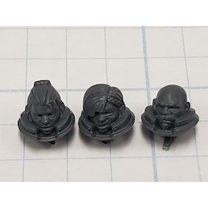 May include: Three gray plastic miniature heads with detailed facial features. Each head has a different hairstyle and expression, including a braided style, short hair, and a bald head with a beard. The heads are set against a grid background.