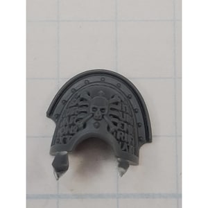 May include: A gray plastic shoulder pad with a skull and crossbones design. The shoulder pad has a curved top with a series of small rivets and a detailed, textured surface. The lower portion has two pointed extensions.