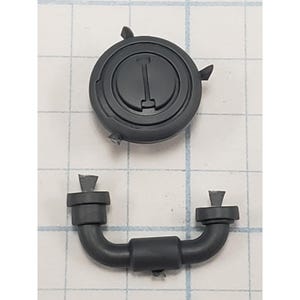 May include: Two-piece, dark gray plastic component set. The top piece is a circular lid with a raised central section and a vertical bar detail. The bottom piece is a curved tube with two angled connectors.
