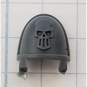 May include: A gray plastic shoulder pad with a skull design. The skull is black and has a white eye and a white mouth with three teeth.