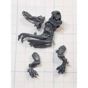 May include: A collection of unpainted, gray plastic miniature figure parts. The components include a torso with a hooded head, two arms, and two legs with clawed feet. The pieces are designed for assembly.