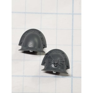 May include: Two gray plastic shoulder pads. One pad is plain, the other features a skull and wing design. Both have a curved, armored shape with rivet details, suggesting a miniature or model kit.