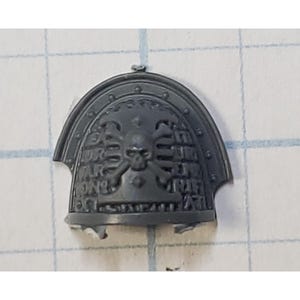 May include: A gray plastic miniature shoulder pad with a skull and crossbones design. The shoulder pad has a raised border and is decorated with a repeating pattern of text.