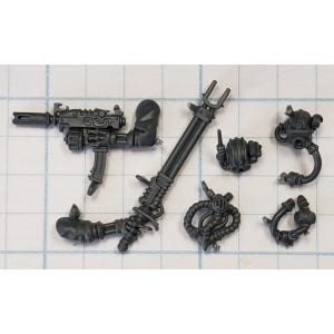 May include: A collection of unpainted, gray plastic miniature weapon components. Includes a machine gun, a long-barreled weapon, and various other mechanical parts. Ideal for hobbyists and model builders.