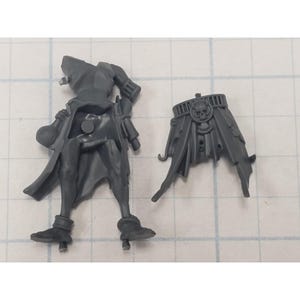May include: Two unpainted plastic miniature figures. One figure is a hooded character with a long coat, boots, and a pouch. The other is a belt with a skull buckle and draped fabric.
