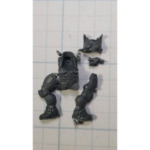 May include: A set of gray plastic miniature figures for a tabletop game. The figures are unassembled and unpainted. The set includes a torso, two legs, and two arms.