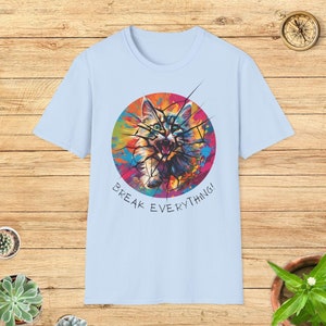 Break Everything Cat T-Shirt - Funny Cat Humour Tee for Cat Moms, Cat Dads, kitten emotes, Anime Chaos Cat Cartoon, Nerdy Cat Lover Gift
