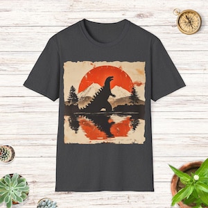 Kaiju Sunrise T-Shirt: Rustic Japanese Art, Monster Lizard Tee