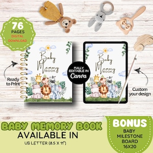 Libro de recuerdos digital para bebés / Plantilla editable de Canva / Diario para bebés / Libro de hitos para recién nacidos / Álbum de recortes del primer año / Recuerdo para bebés imprimible