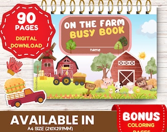 May include: A digital download of a 90-page farm-themed busy book for kids. The cover features a red barn, a tractor, and a sign that says "Farm". The book is available in A4 size (210x297mm) and US Letter size (8.5 x 11 inches). It also includes bonus coloring pages.