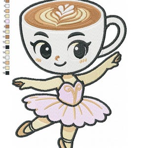 Op de afbeelding: Geborduurd ontwerp van een ballerina met een koffiekopje als hoofd. De beker is wit met een bruin koffiedesign en een hartvormig design bovenop. De ballerina draagt een roze tutu en balletschoenen. De tekst onderaan luidt "balerino capputsino.pes".