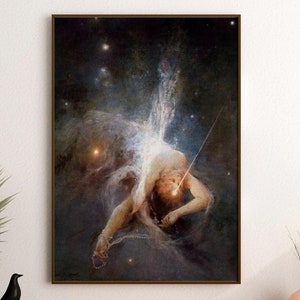 May include: A framed print of a classical painting depicting a figure in a celestial scene. The artwork features a nude figure with a bow and arrow, set against a backdrop of stars and nebulas. The frame is a dark brown color.