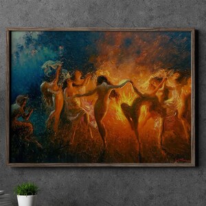 Joseph Tomanek - Fire Dance, Nymphs dancing. Bedroom decor, Magical witches artwork, Gothic canvas, Witches dancing art, Canvas print