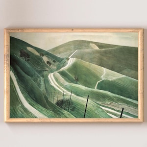 May include: A painting of a winding road through rolling green hills. The road is white and the hills are a variety of shades of green. The sky is a light blue and there are some clouds in the distance.