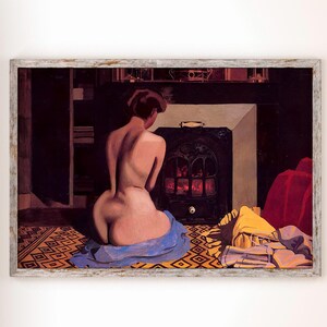 May include: A painting of a nude woman sitting in front of a fireplace. The woman is facing away from the viewer and has her back to the fireplace. The fireplace is lit and has a fire burning inside. The woman is wearing a blue cloth around her waist. The painting is set in a dark room with a patterned rug on the floor.