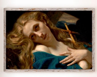 Hugues Merle - Mary Magdalene in the Cave. Religious wall art, Canvas art print, Poster print, Religious painting, Magdalene art, Home decor