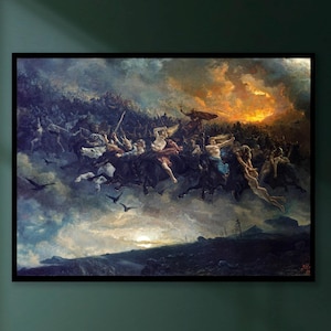 May include: A framed print of a historical painting showing a battle scene with figures on horseback, warriors, and a fiery sky. The artwork is set against a dark, cloudy backdrop with birds in flight.