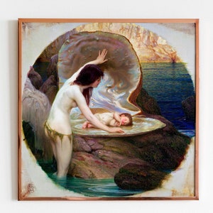 Herbert James Draper - Water baby. Bedroom decor, Mermaid painting, Canvas art, Siren poster print, Fine art prints, Water nymph painting