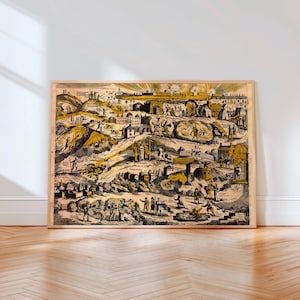 May include: A rectangular framed print featuring a detailed historical map illustration in shades of black, white, and gold. The artwork depicts a complex landscape filled with numerous small figures, buildings, and text labels throughout the scene.