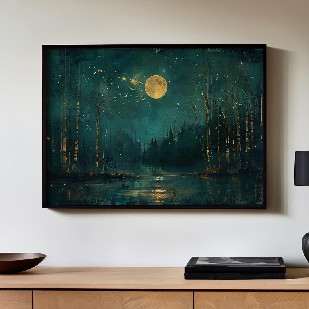 Moon and Stars Art, Vintage Dark Forest Landscape Nature Decor, Night ...