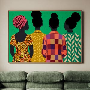 May include: A rectangular wall art print featuring four figures seen from behind against a solid green background. The figures wear patterned tops: one with orange geometric shapes, one with yellow moons and stars, one with a multicolored checkered pattern, and one with a green chevron design.