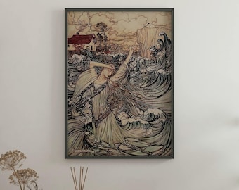 Undine by Arthur Rackham – 1909 Fairy Tale Illustration, Vintage Fantasy Art Print, Giclee Canvas, Mythical Water Spirit Wall Decor