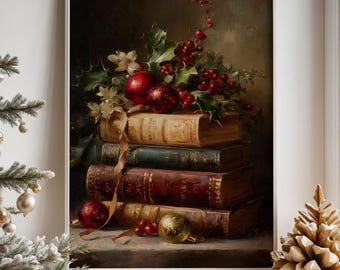 Vintage Book Stack Christmas Print, Retro Holiday Ornament Wall Art