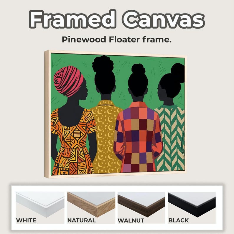 May include: A framed canvas print featuring four figures seen from behind against a green background. The text reads Framed Canvas and Pinewood Floater frame. Below, four corner samples show frame colors in white, natural, walnut, and black.