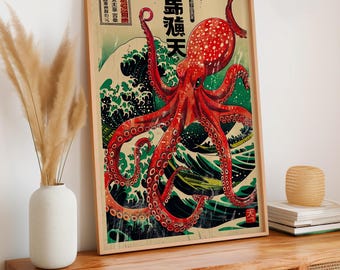 Japanese Octopus Art Print, Vintage Ukiyo-e Sea Monster Poster, Japanese Wall Decor, Tentacle Illustration, Unframed Retro Print, ART250