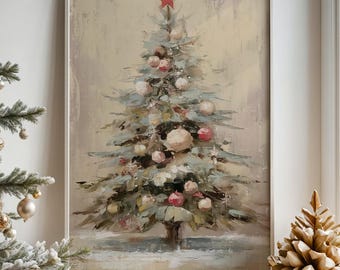 May include: A framed wall art print featuring an impressionistic painting of a Christmas tree. The tree is decorated with round ornaments in shades of pink, white, and gold, topped with a red star, set against a neutral, textured beige background.