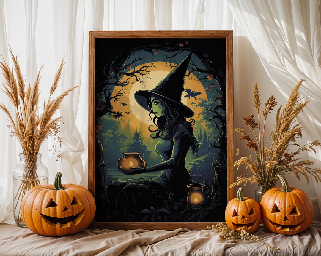 Witch Art Print – Spooky Halloween Poster of a Witch in a Tall Pointed ...