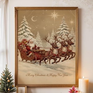 Merry Christmas & Happy New Year Poster – Vintage Santa Sleigh Wall Decor, Cozy Holiday Art Print, Classic Winter Scene (Digital download)