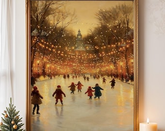 May include: A framed oil painting depicting a winter scene of people ice skating on a frozen pond at dusk. The composition features bare trees illuminated by warm golden string lights, with a clock tower in the distance and figures in winter coats.