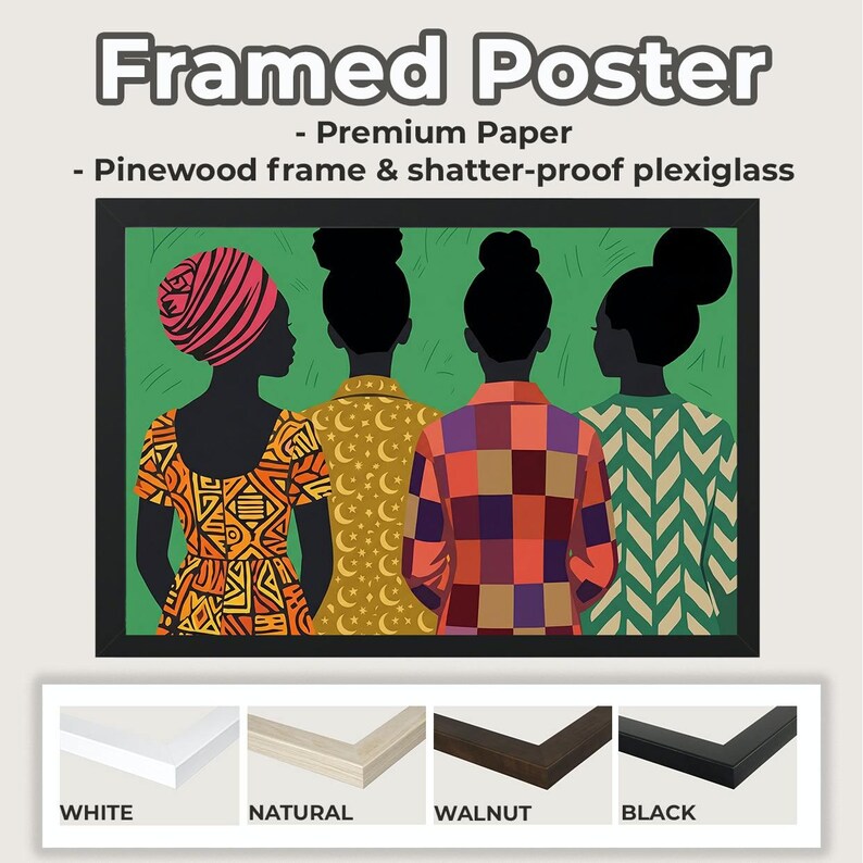 May include: A framed poster featuring four individuals seen from behind against a green background. The individuals wear patterned tops in orange, yellow, multicolored, and green. The black frame includes premium paper and shatter-proof plexiglass.