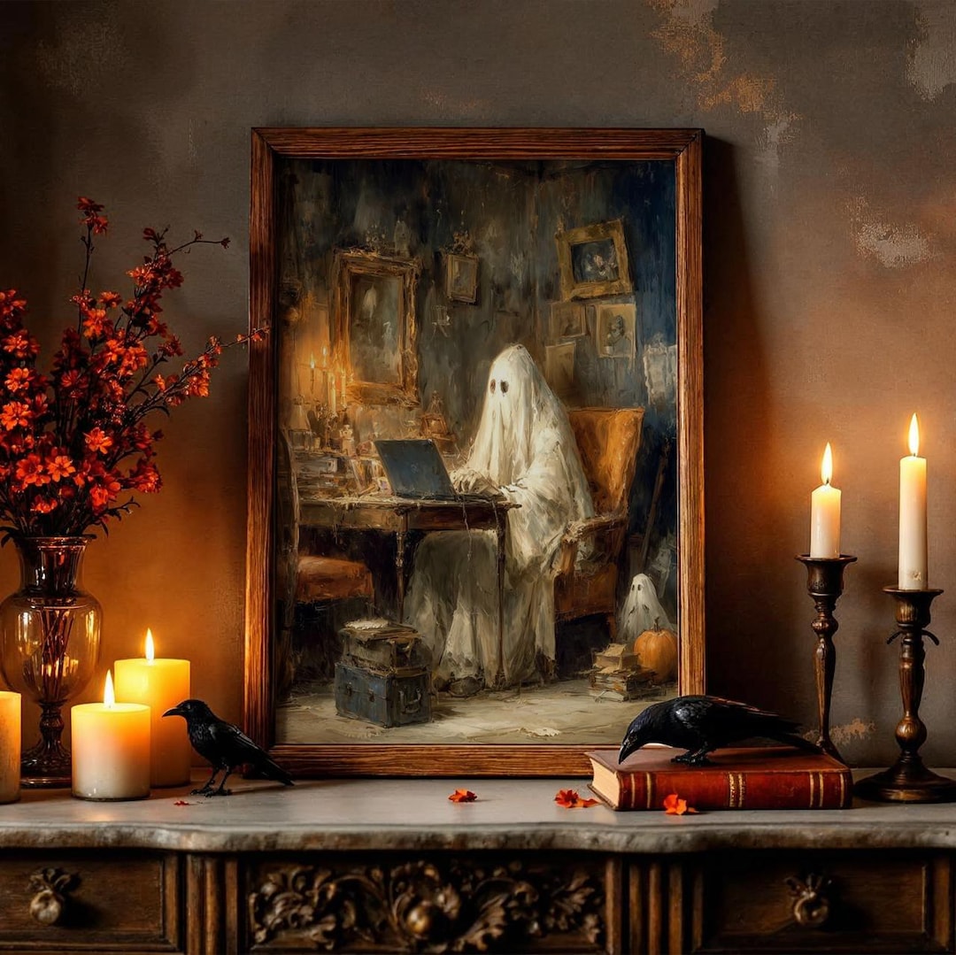 Vintage Poster, Halloween Wall Art Print – Haunted Ghost Working on ...
